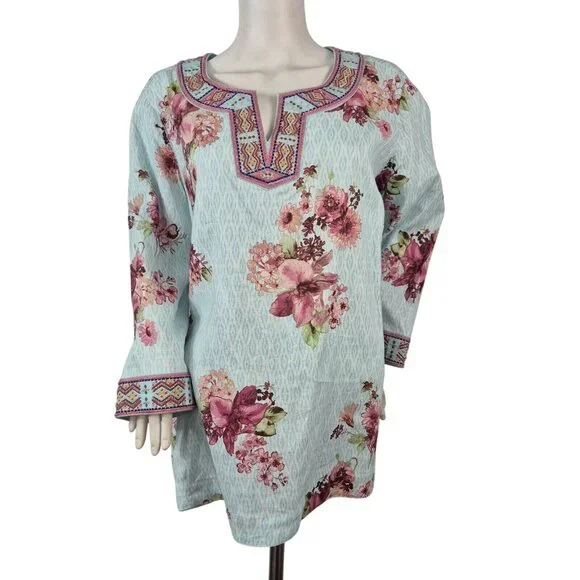 John Mark Women's Size S Floral Print Embroidered and Beaded Tunic Blue Pink 53 - Picture 3 of 14